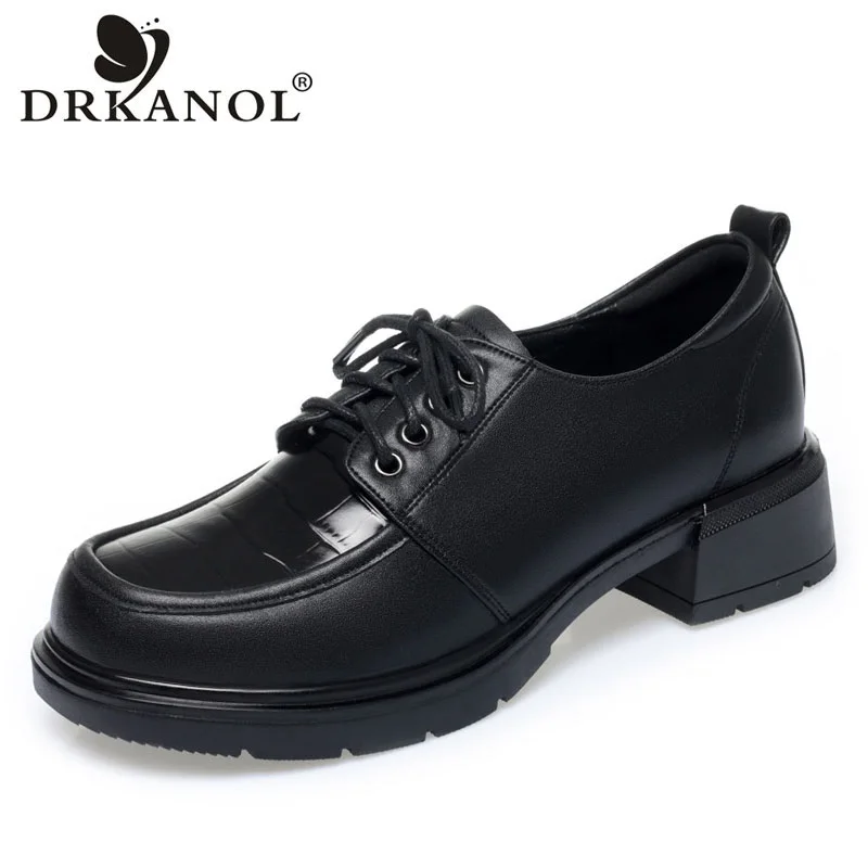 

DRKANOL Fashion Women Shoes British Style Soft Bottom Lace-Up Round Toe Casual Thick Heel Black Cowhide Single Shoes Big Size 43