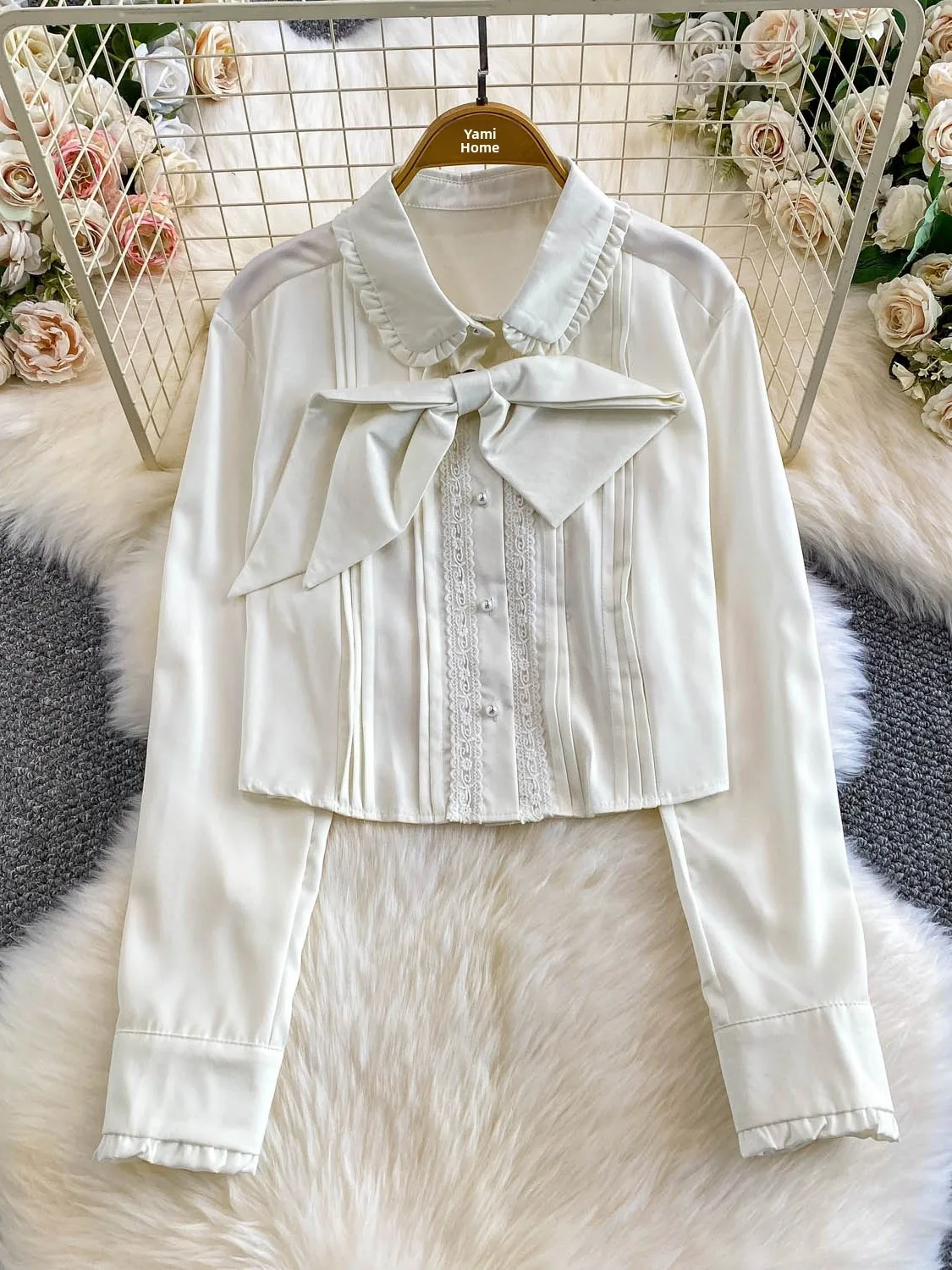 Dolce nodo bambola colletto slim fit ort irt donna pizzo pred piega autunno faion casual lungo Sve Top