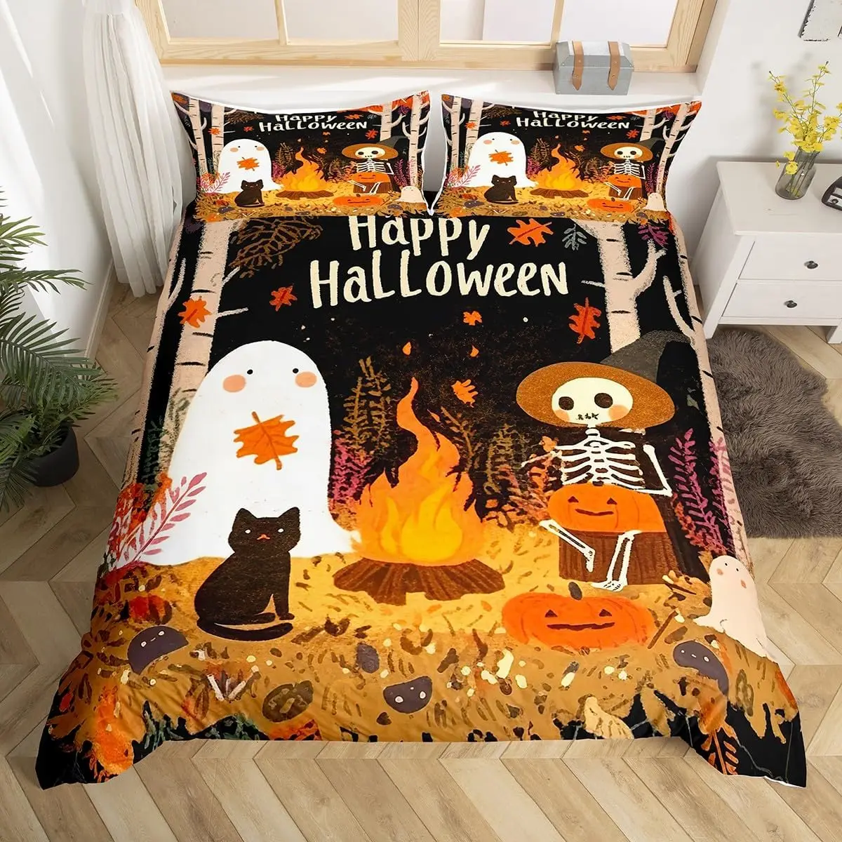Cute Ghost Duvet Cover Twin King Halloween Bedding Set for Kids Girl Microfiber Horror Theme Comforter Cover with 2 Pillowcases
