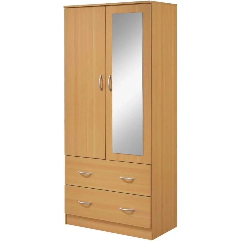 2 Door Wood Wardrobe for Bedroom with Hanging Clothing Rod inside the Cabinet and 2 Drawers for Storage Organization