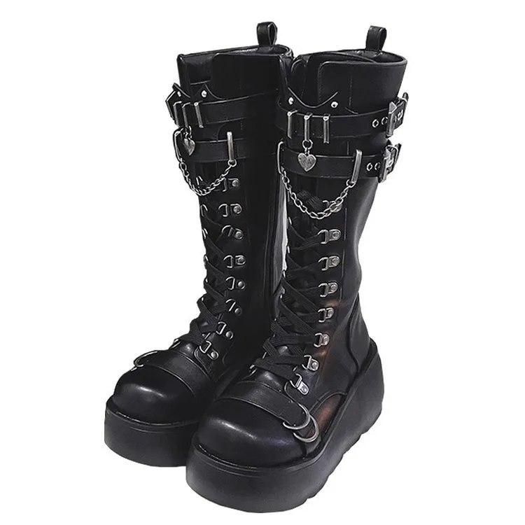 Botas de combate góticas para mulheres, plataforma, corrente rebite, cunhas, punk, cosplay, zip booties, sapatos de motocicleta, outono, inverno