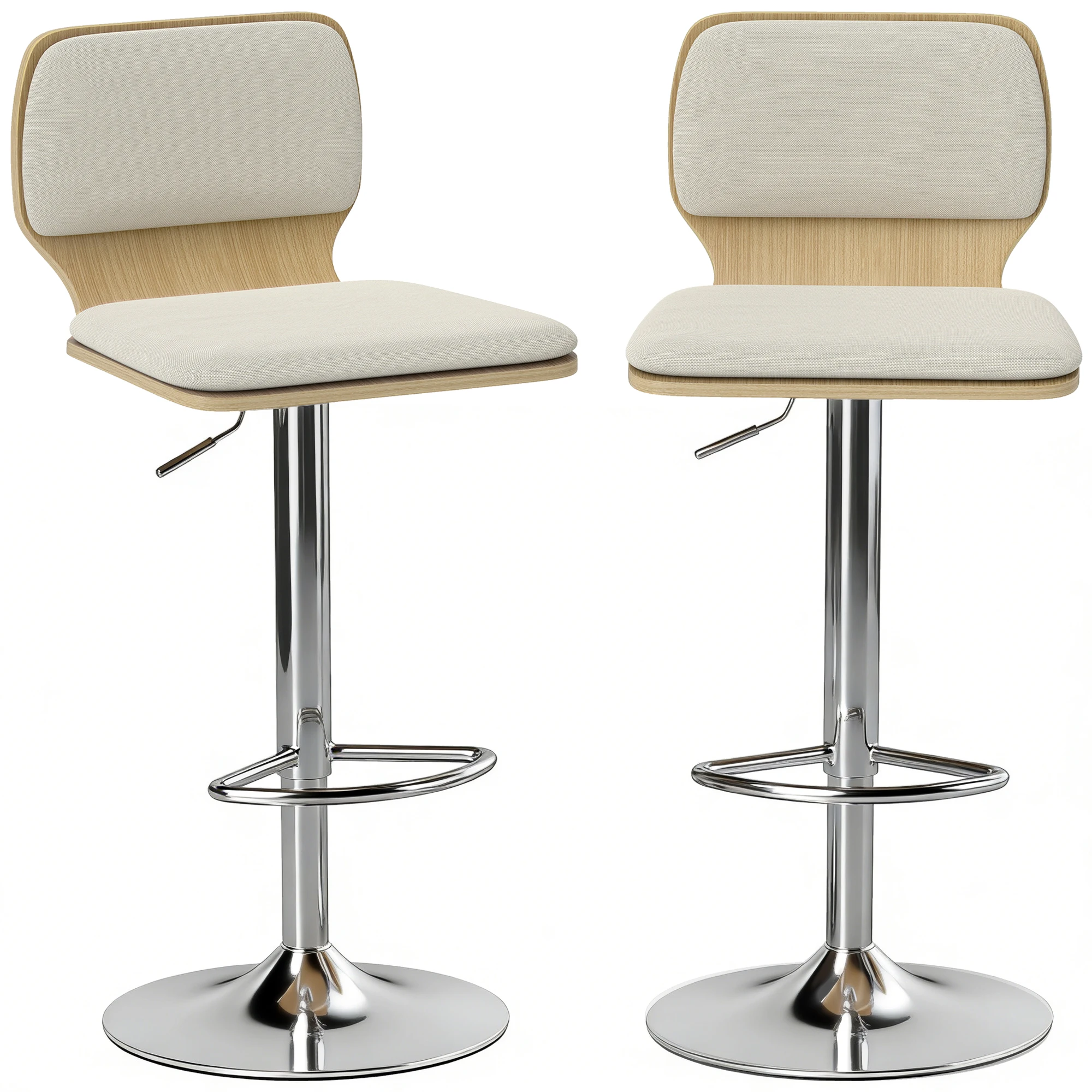 HOMCOM Juego de 2 Taburetes Altos de Cocina Giratorios en 360° Regulables en Altura de 81-102 cm Tapizados en Lino Beige