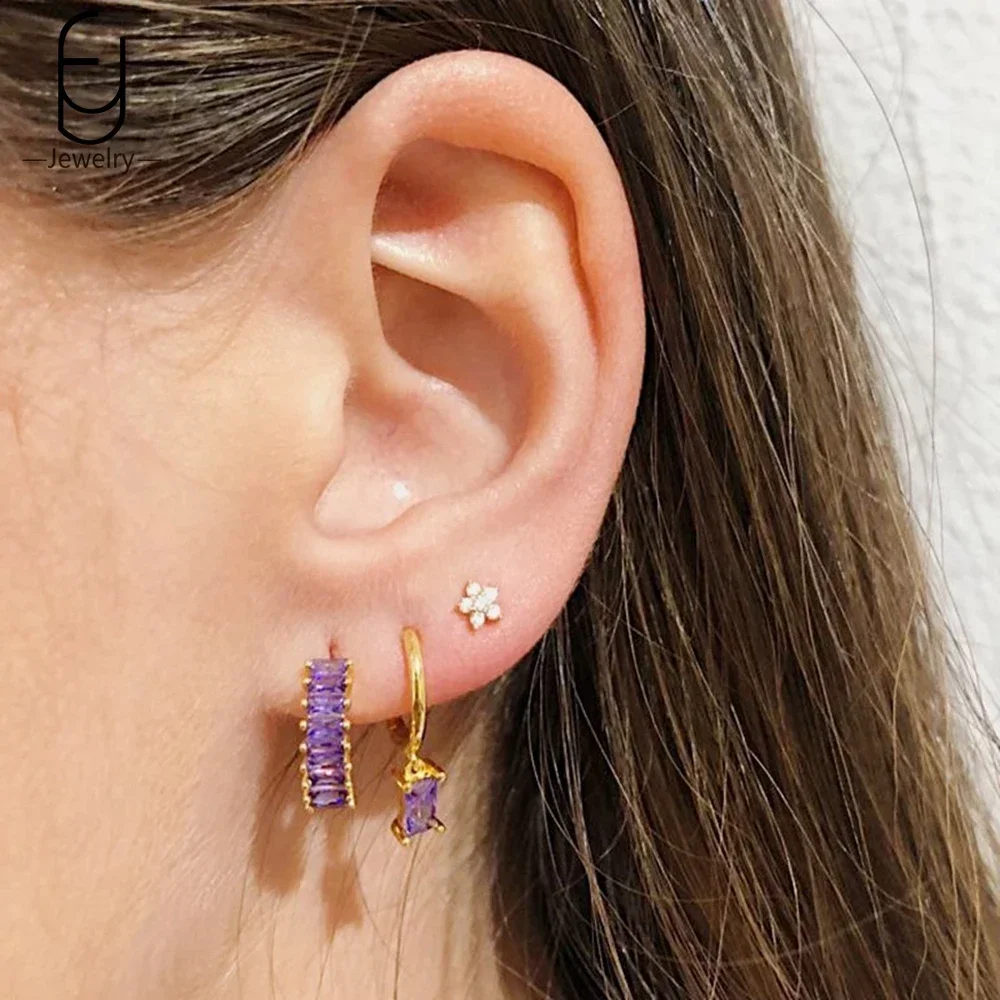 925 Sterling Silver Needle High Quality Purple Zircon Gold Hoop Earrings For Women Trend Heart Earring Hoop Party Luxury Jewelry