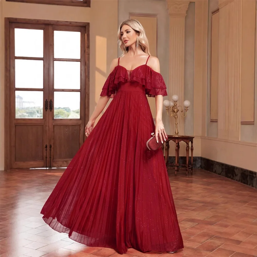 Ele Multi-Layer Ruffle Lace Strap Evening Dr Cross-Border New Sle Low Waist Silk Fabric round Ne Par Dr