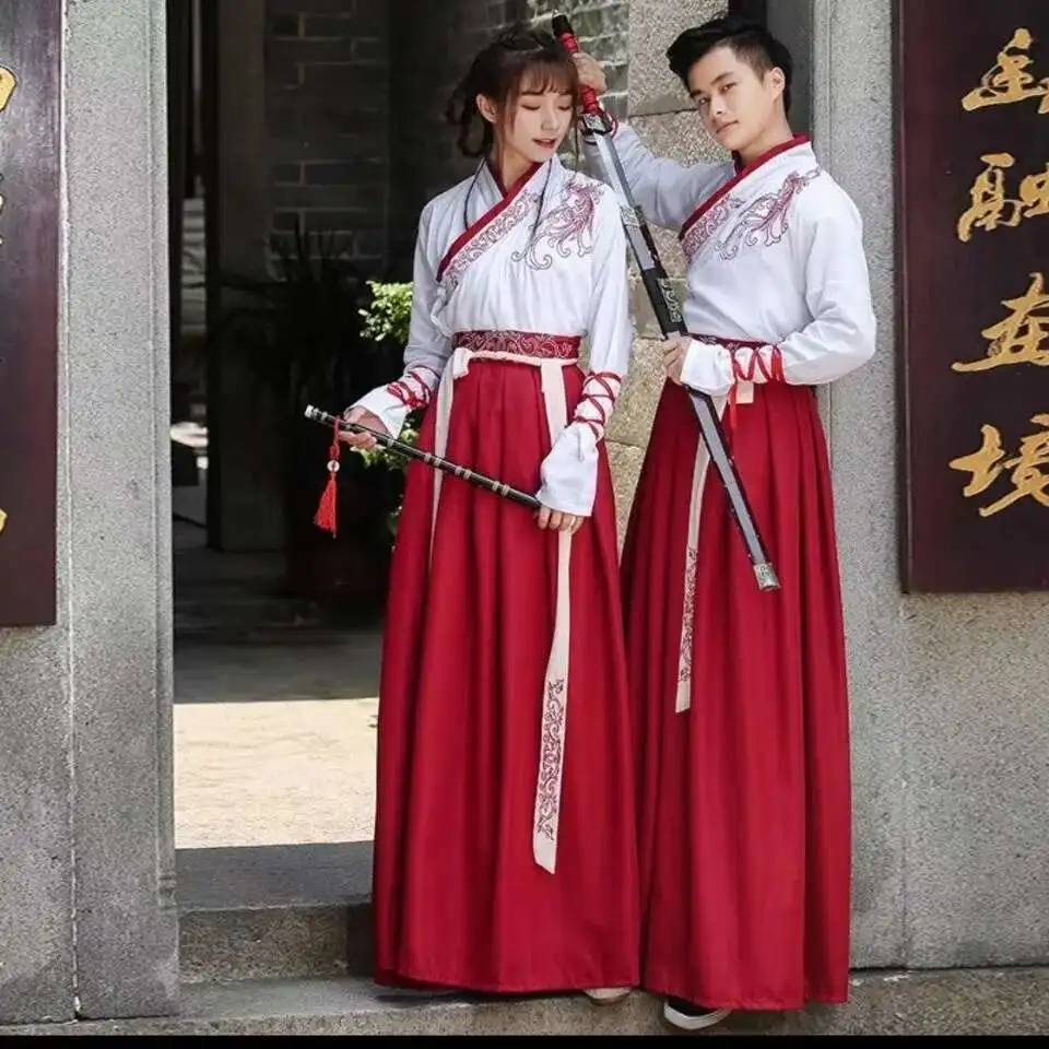 Vestido chino coreano Hanfu blanco rojo hombres mujeres vestidos estilo chino Cosplay bordado Kimono ropa tradicional China