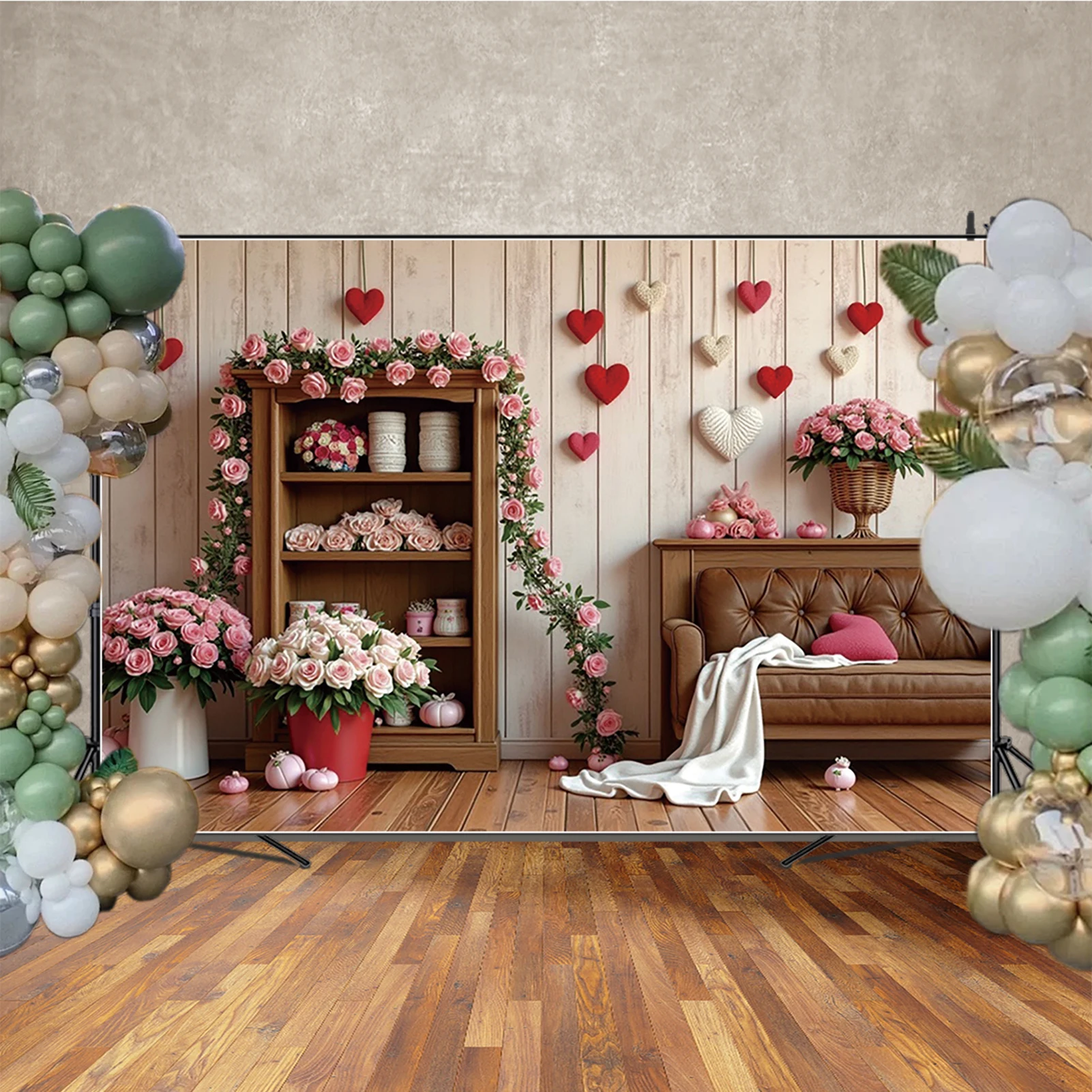 MOON.QG Valentines February 14 Photography Backdrop Wooden Plank Cabinet Photozone Background Wedding Love Photo Studio Sets