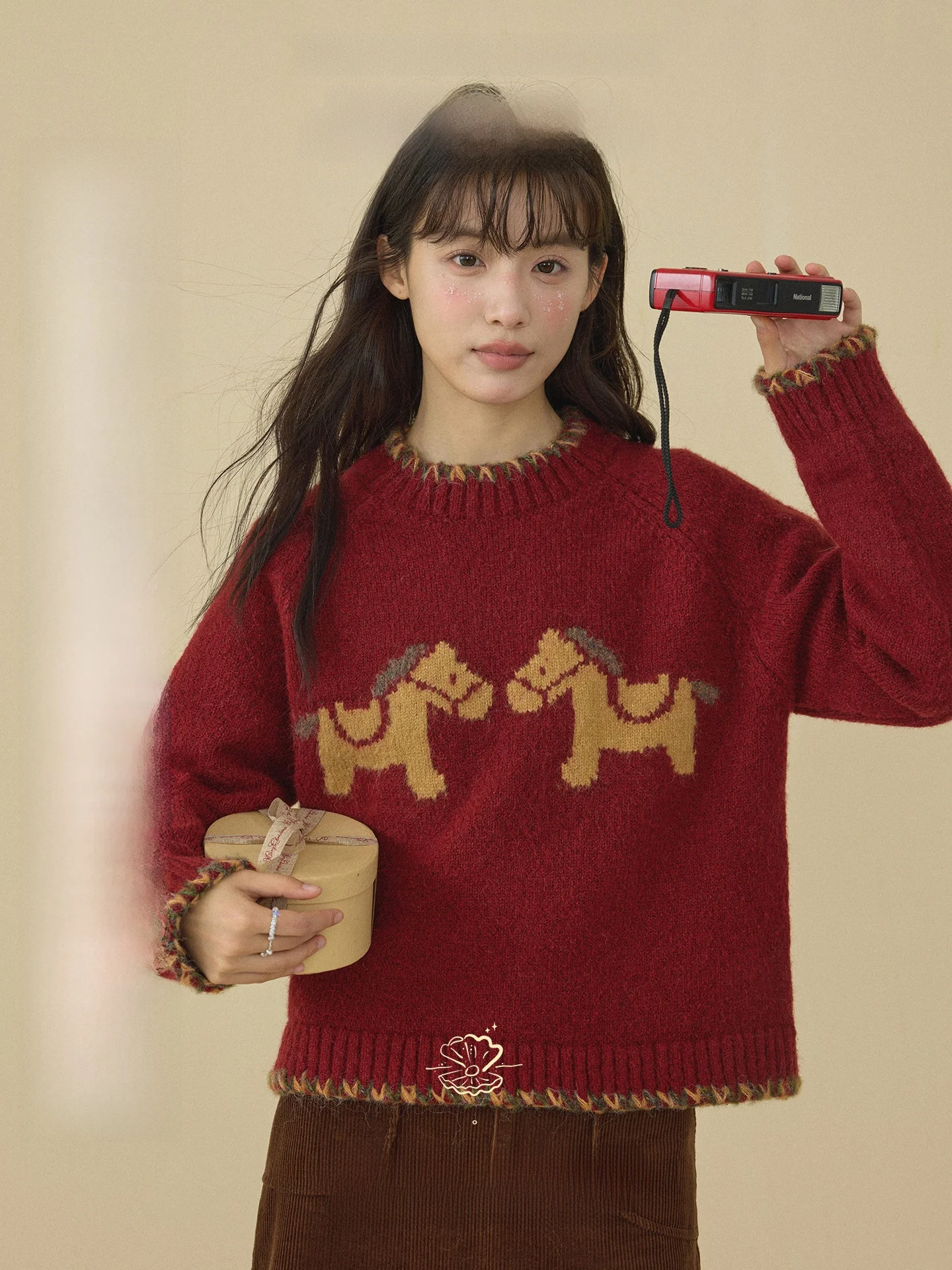 

Red Knitted Sweater Women's Retro Style Loose Fit Long Sleeve round Neck Pullover Christmas New Year's Celebration Fashion