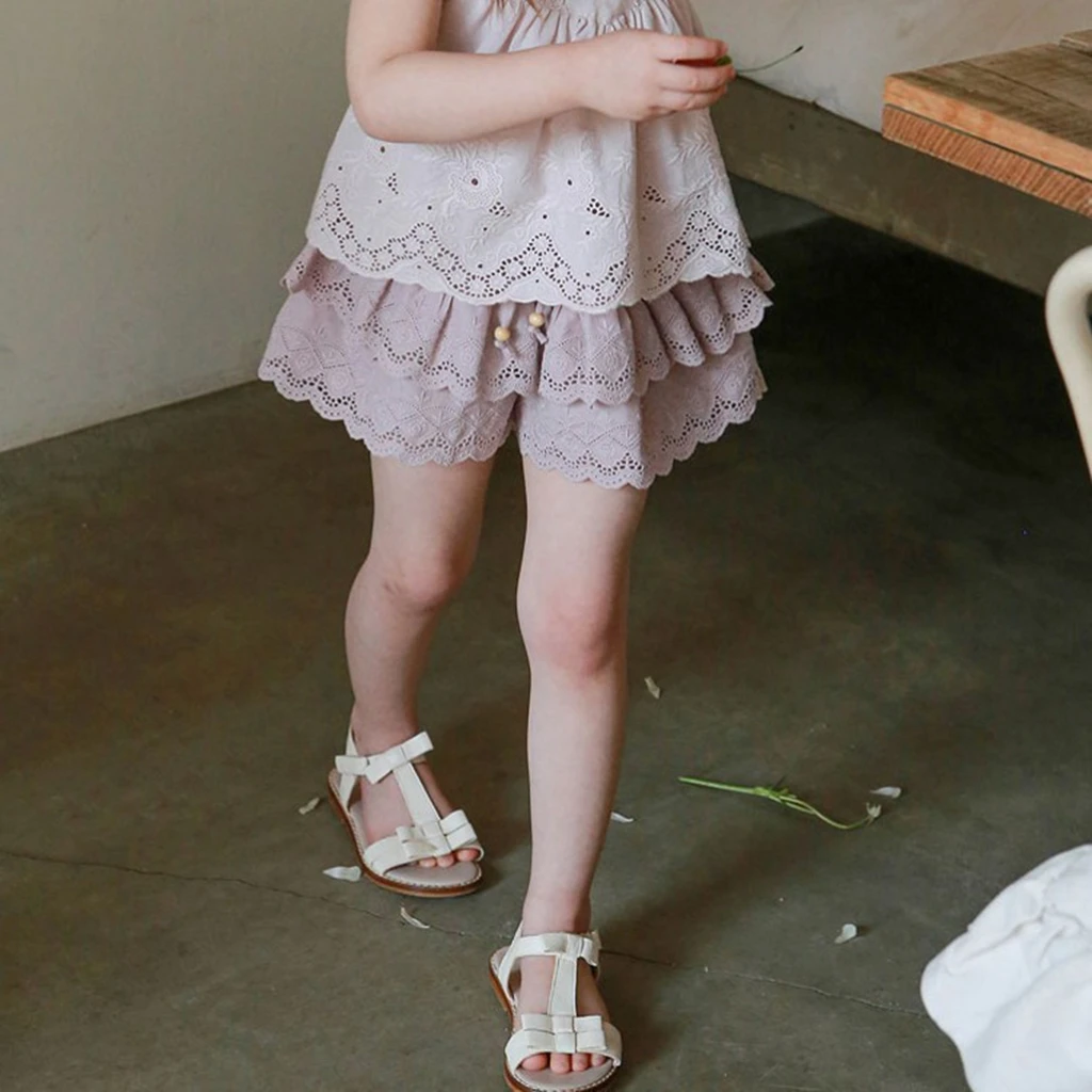 Summer 2026 Girls Toddler Baby Double Layer Hollow Ruffle Casual Shorts Pant in Stock Fashionable Elegant Kids Clothing