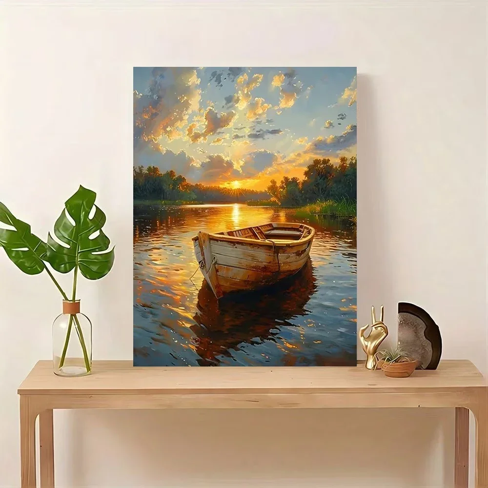 Multiple sizes 1pc frameless Canvas Painting,Sunset Lake with Old Wooden Boat Impressionist River Poster and Prints Canvas Paint