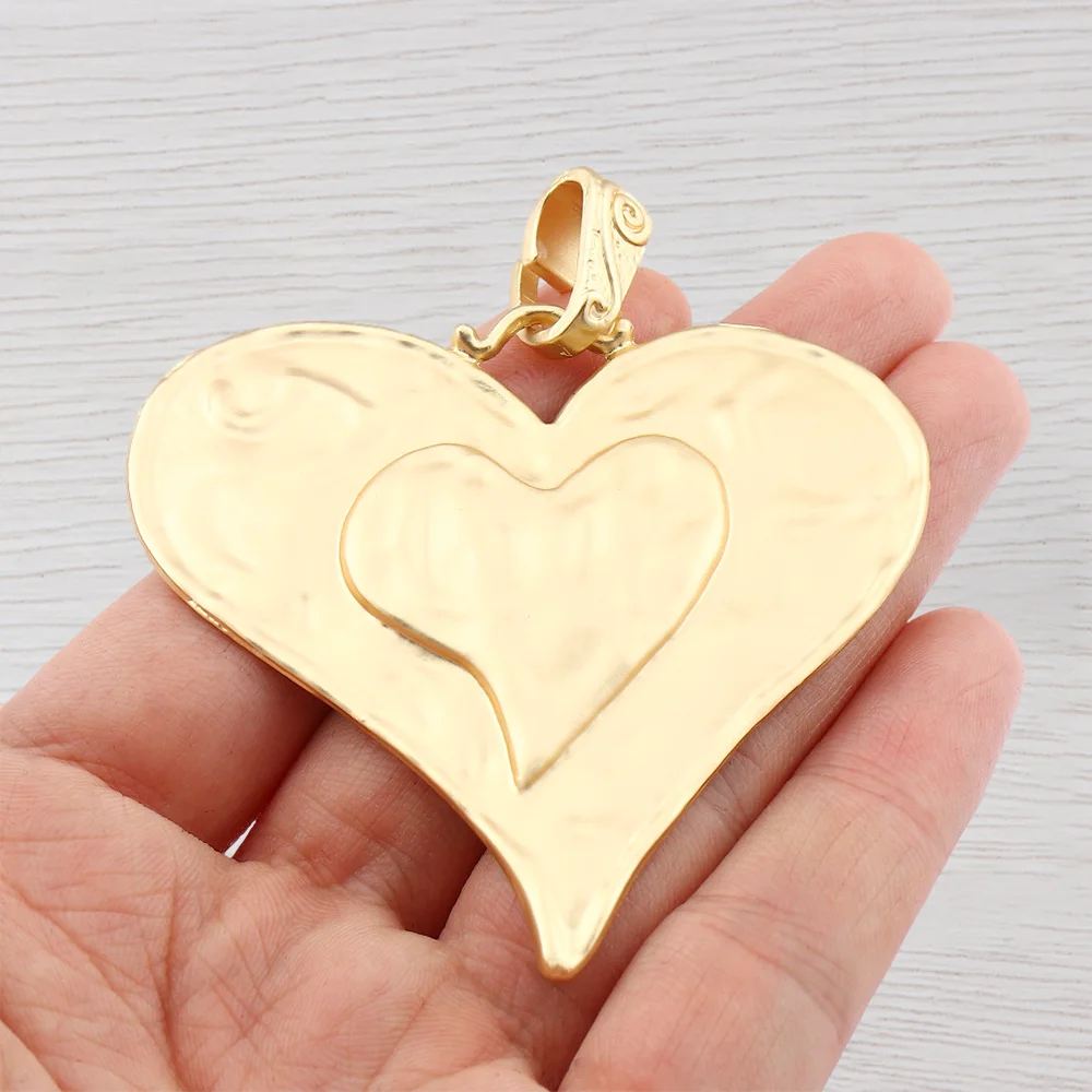 1 x Antique Gold Color Large Hammered Double Love Heart Charms Pendants for DIY Necklace Jewelry Making Findings Accessories