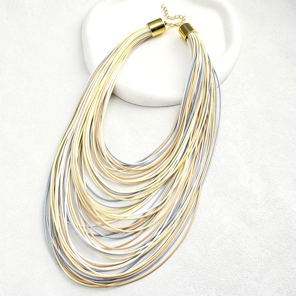 2025 New Exaggerated Multi-layer Wax Cord Necklace, Bohemian Retro Colorful Leather Cord Necklace