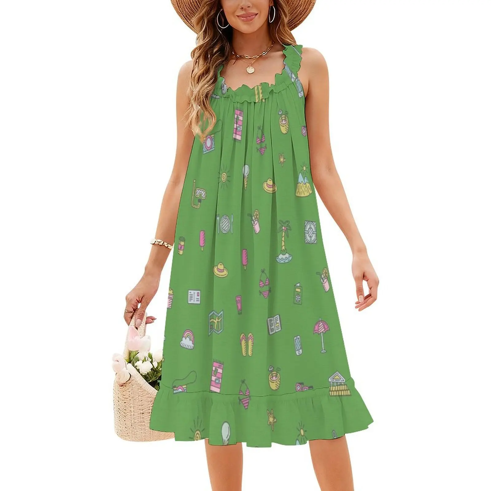فستان بوهيمي بدون أكمام من Happy Traveler للنساء، فساتين حفلات الشاطئ المطبوعة، السفر، المسافر، العطلات، الصيف الأخضر للنساء #4