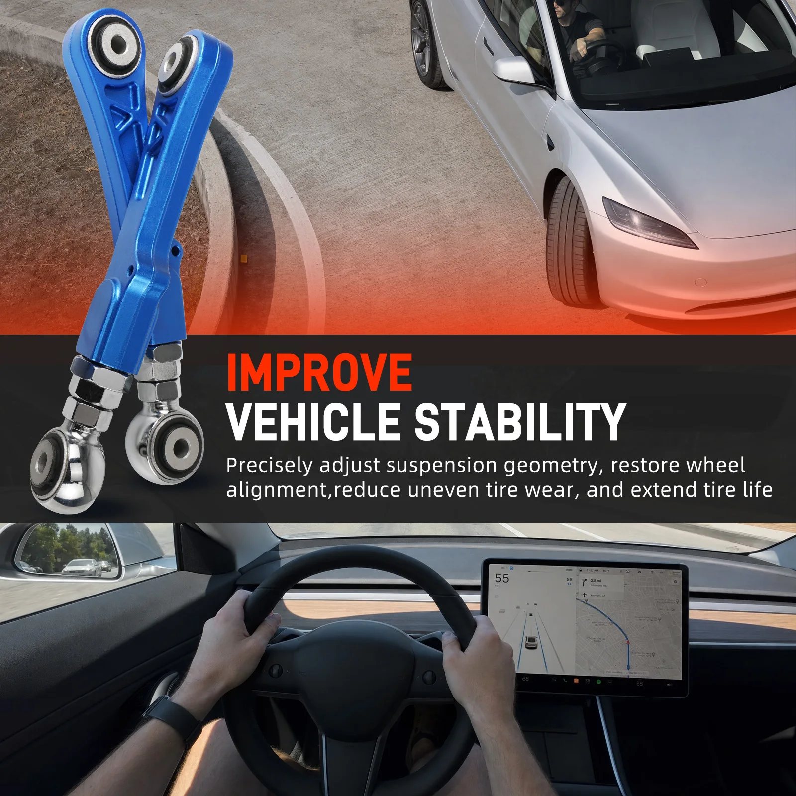 BEVINSEE Adjustable Rear Camber Control & Toe Arm fit for Tesla Model S 2012-2019, for Tesla Model X 2015-2019