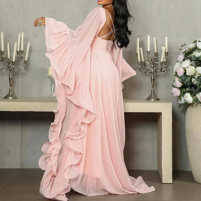 Fashion 2026 Flared Sleeve Swing Dresses New Spring Ruffle Design Long Dress Elegant Temperament Solid Color Women's Party Dress