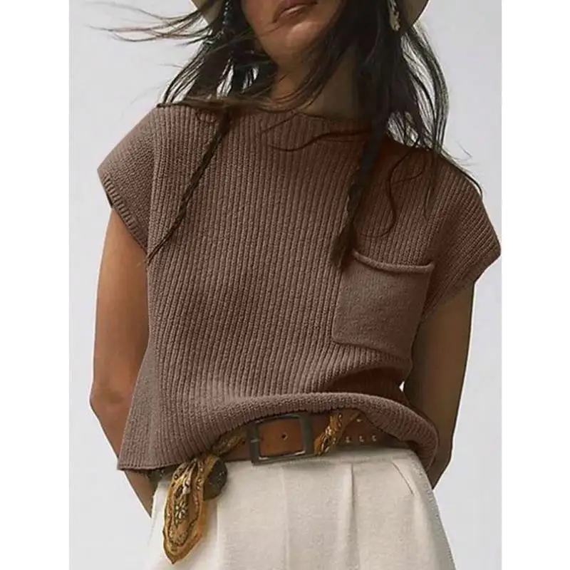 

Cross-Border Knwear Women's Sve ket Knitted Top Coolmax Fiber Ciwalk Collar Nine Points Sve Deformable