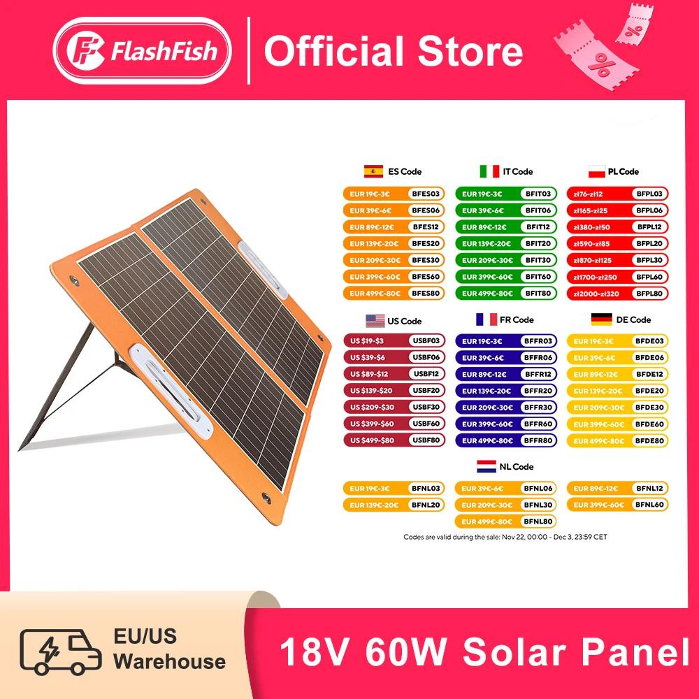 Portable Solar Panel 60W 18V Solar Charger Foldable Battery DC Output PD Type-c for Solar Generator Phones Tablets