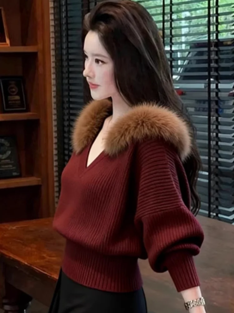 秋冬 レディース Vネック ニットウェア ファッション ラジースタイル ハイエンド ワインレッド ファーカラー セーター ルーズフィット レギュラーサイズ