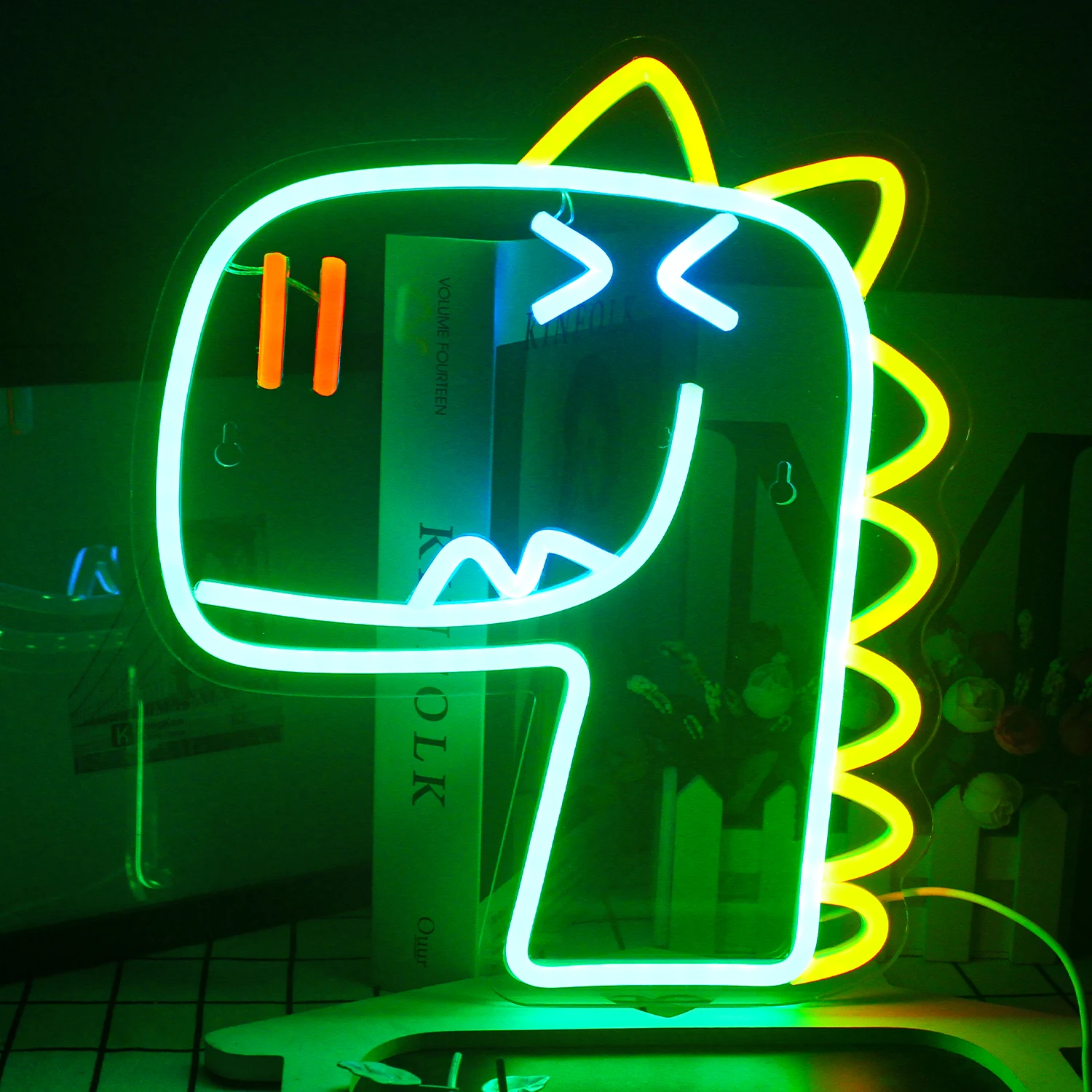 Wanxing Led Dinosaurus Hijau Neon Tanda Lucu Anime Bentuk Menggantung Lampu Malam Seni Kamar Tidur Anak-anak Ruang Dinding Dekorasi Lampu Hadiah Ulang Tahun