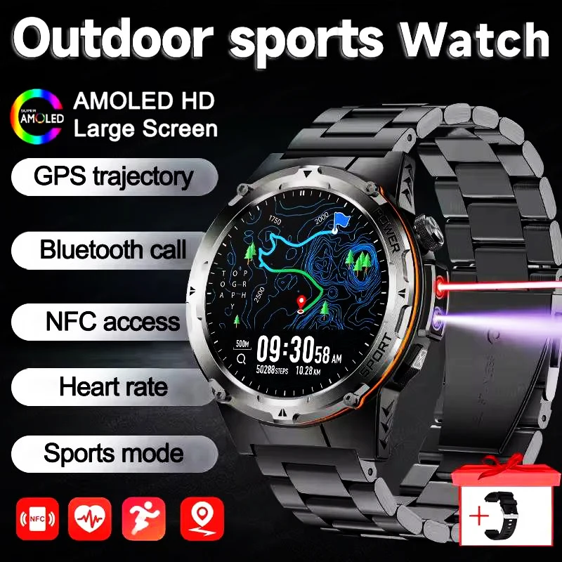 

New Smart Watch GPS Sports Men Compass LED Flashlight NFC Blue Tooth Call 3ATM Waterproof Health AMOLED Screen Smartwatch 520mAh