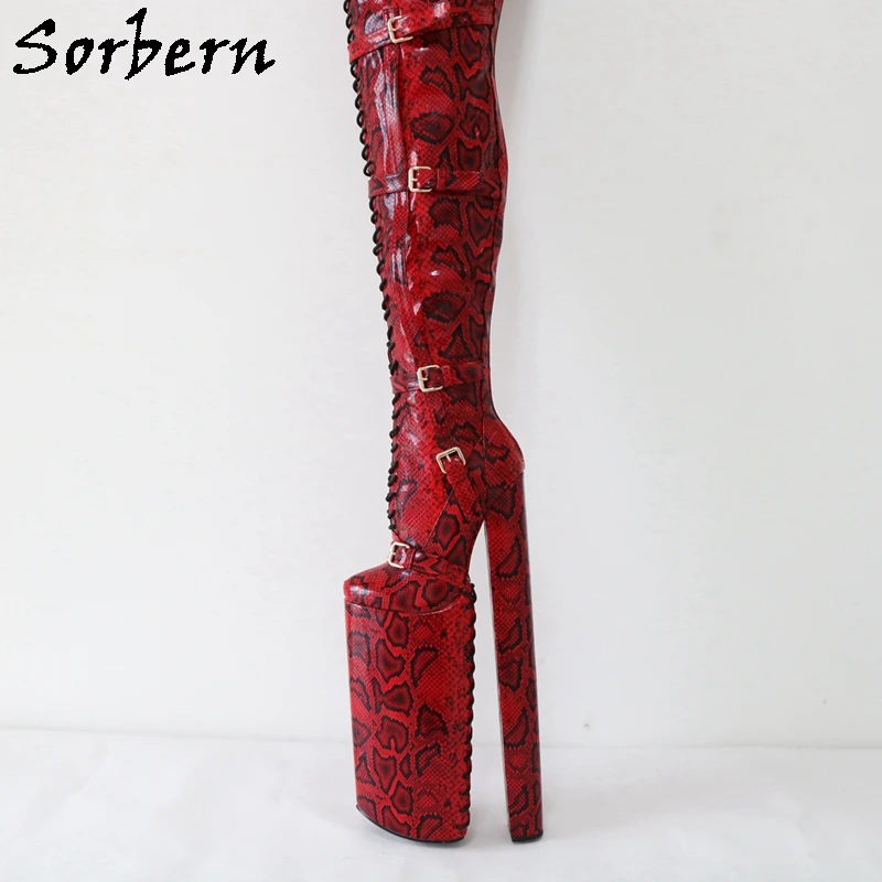 Sorbern 40cm Super High Heel Women Boots Customized Block High Steep Visible Platform Red Python Lace Up Straps Round Toe