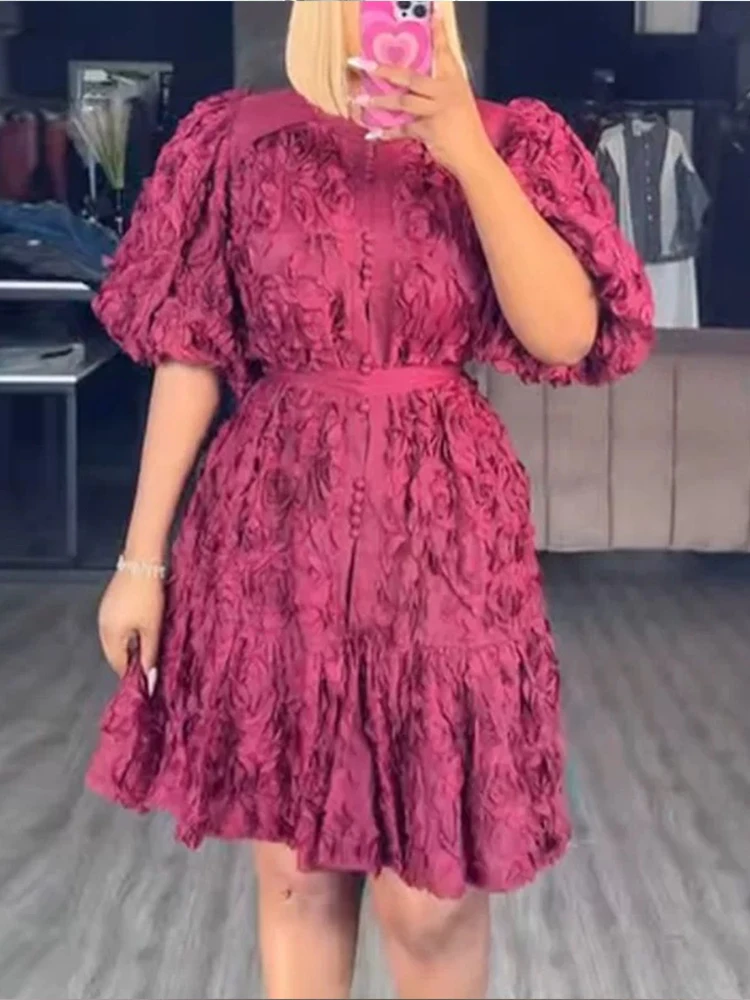 

Heavy industry stand-up collar short-sleeved skirt female summer new three-dimensional flower lapel lace waist loose dress