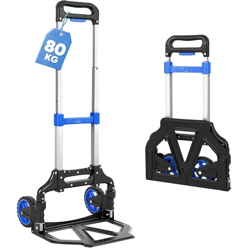 Carrello a mano pieghevole in alluminio per giardino e casa, rinforzato, portata 80/150 kg, piattaforma antiscivolo, altezza regolabile con 2 prolunghe.