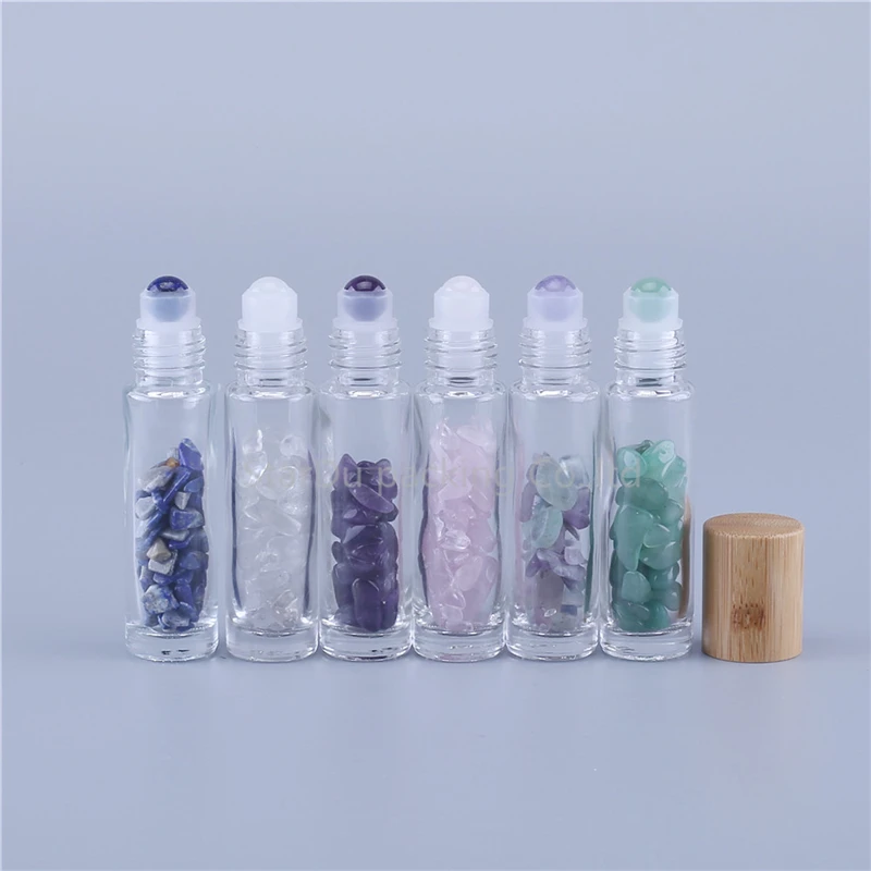 480 unids/lote, botellas roll-on de vidrio de masaje esencial transparente recargables de 10ml con bolas de rodillo de Jade de colores, grava en el interior