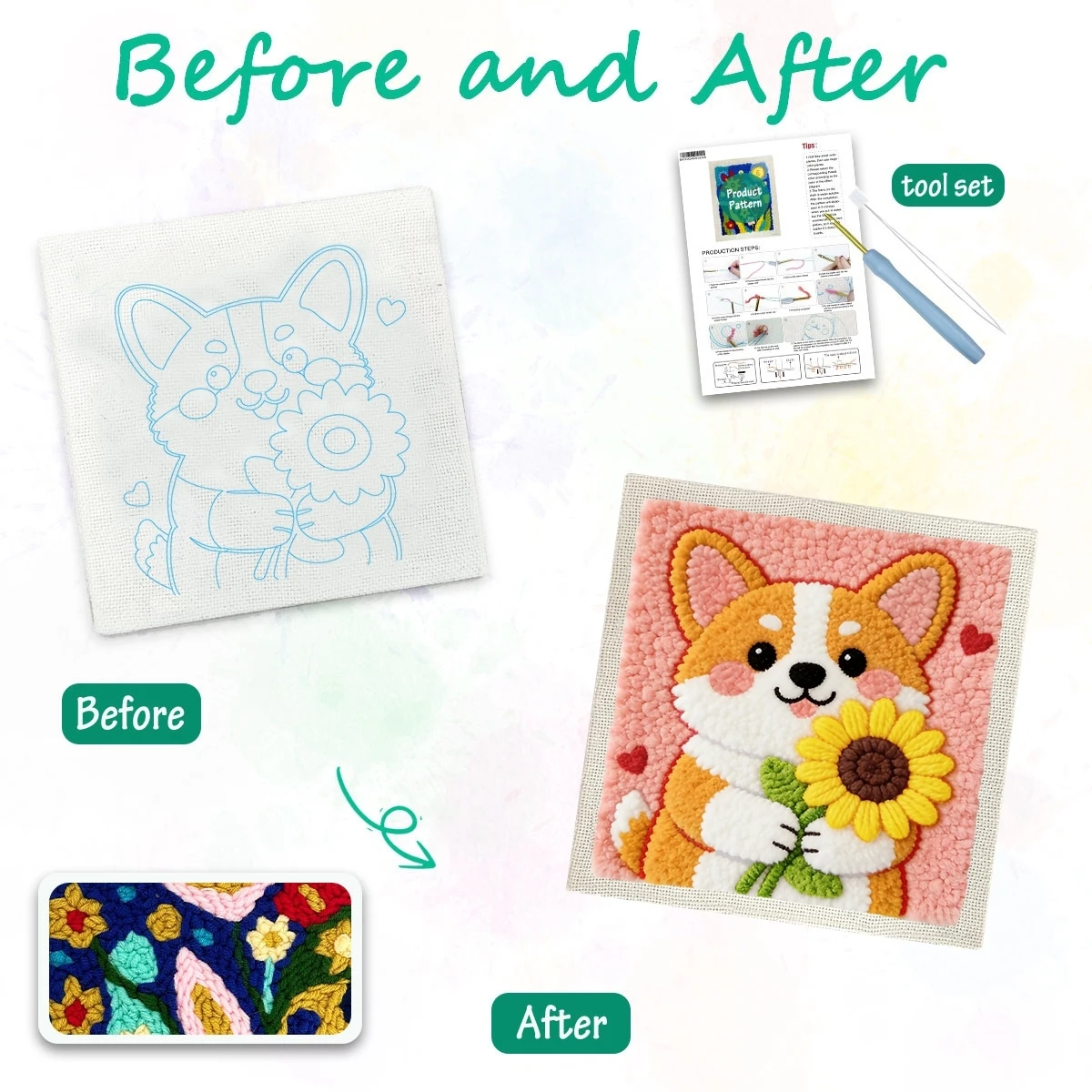 1 Set Corgi mit Sonnenblume DIY-Stickerei-Set für Anfänger, Stick-Starter-Kit, Kreuzstich-Kunstgeschenk, Handarbeits-Bastelset – Detail 1
