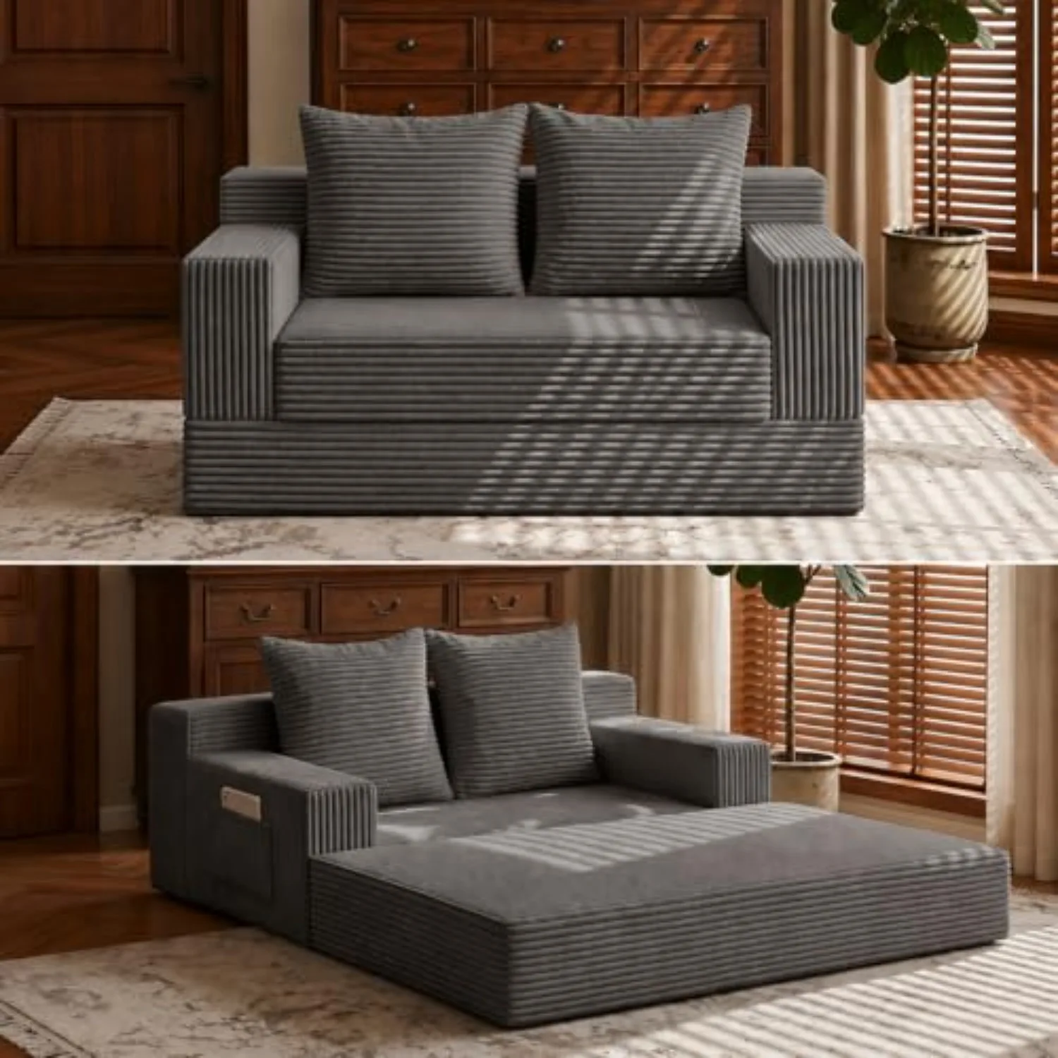 Boneless Loveseat Folding Sofa Bed, Foldable Floor Futon Sleeper Couch Bed - Convertible Sofa Bed, Corduroy Pull Out