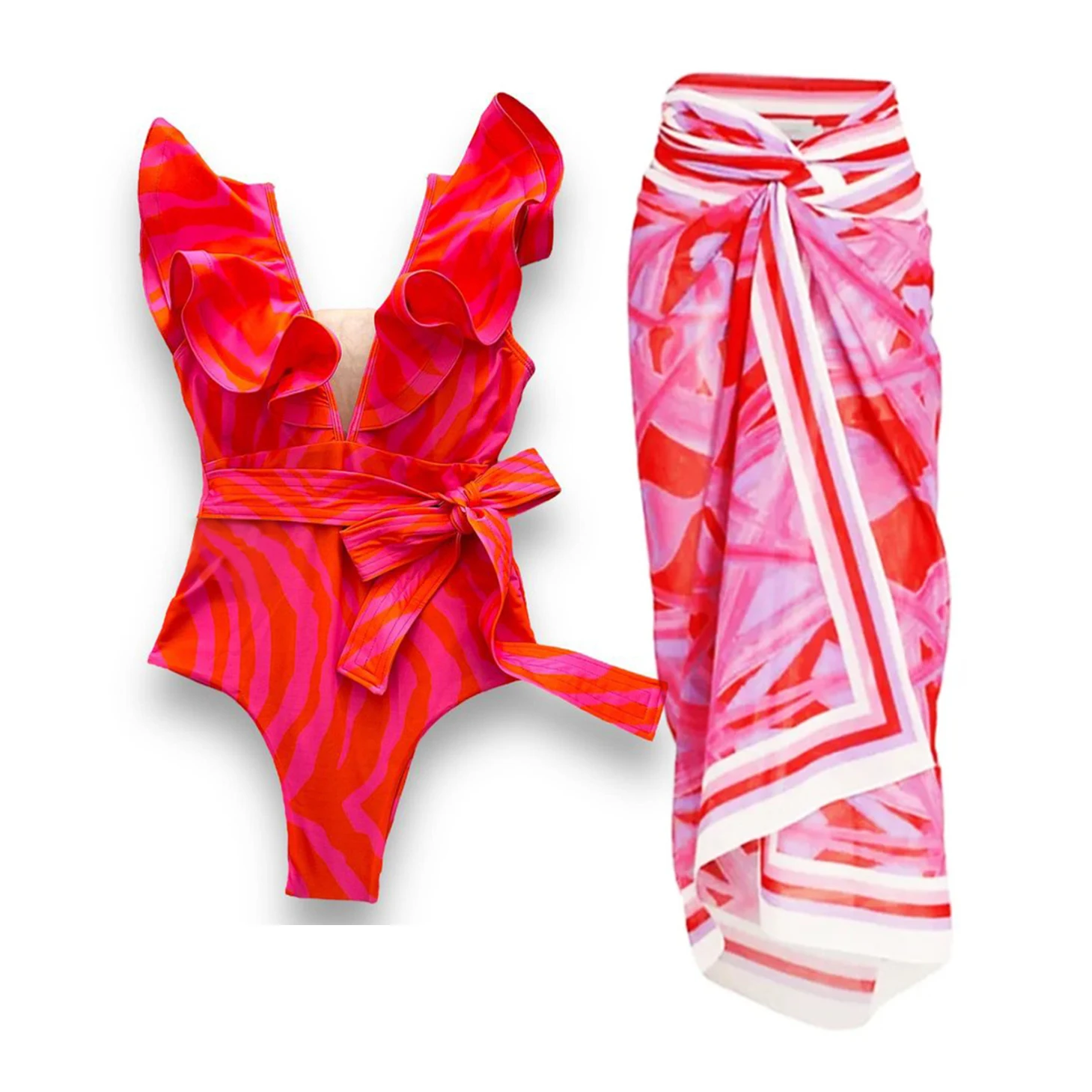 Retro Print One Piece Swimsuit With Cover Up Sexy Swimwear Women Ruffle Swim Suits Deep V Neck Bathsuit Belt Bodysuit Beachwear
