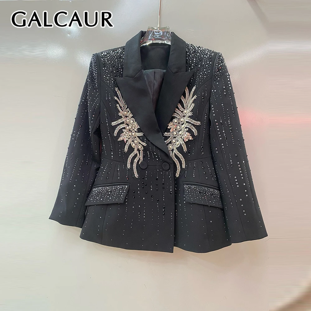 

GALCAUR черные сращенные бусины элегантная куртка женская с лацканами и длинным рукавом свободные легкие роскошные женские куртки осенний стиль модная новинка