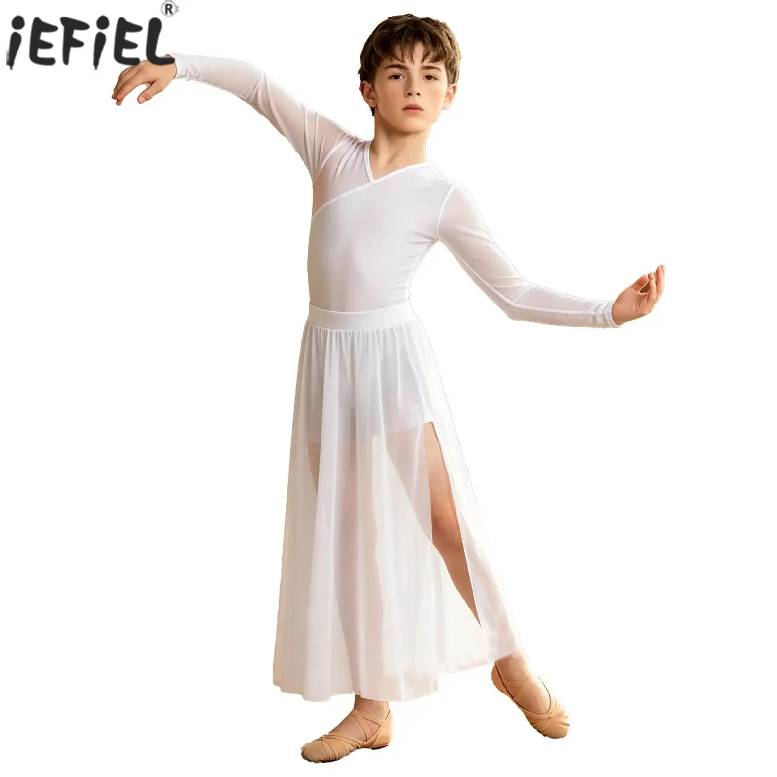Kinder-Tanzoutfit für Jungen, langärmelig, für Ballett, Gymnastik, Body mit geteilten Mesh-Hosen, Eiskunstlauf, lateinamerikanische Tango-Tanzkleidung
