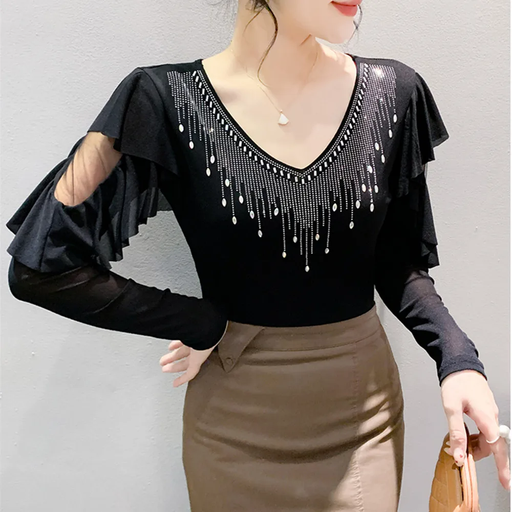 2025 Autumn New Original Heavy Industry Diamond Women's T-Shirt Inlaid Double layer Long Sleeve Ruffles Mesh Tops