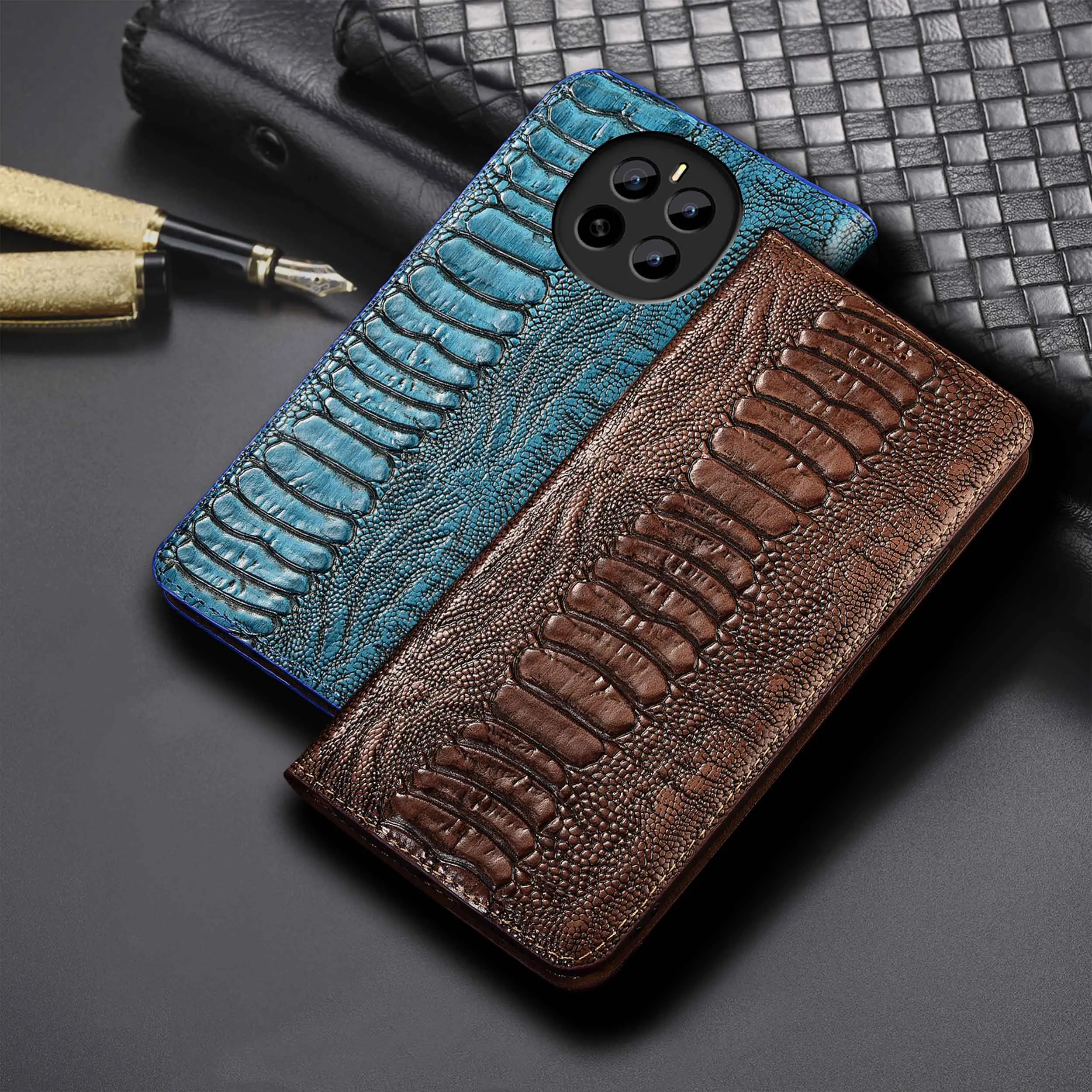 

For Honor Magic 2 3 4 5 6 7 Pro Lite Ostrich Feet Pattern Genuine Leather Wallet Flip Phone Cover Case Cowhide Scratch-Resistant