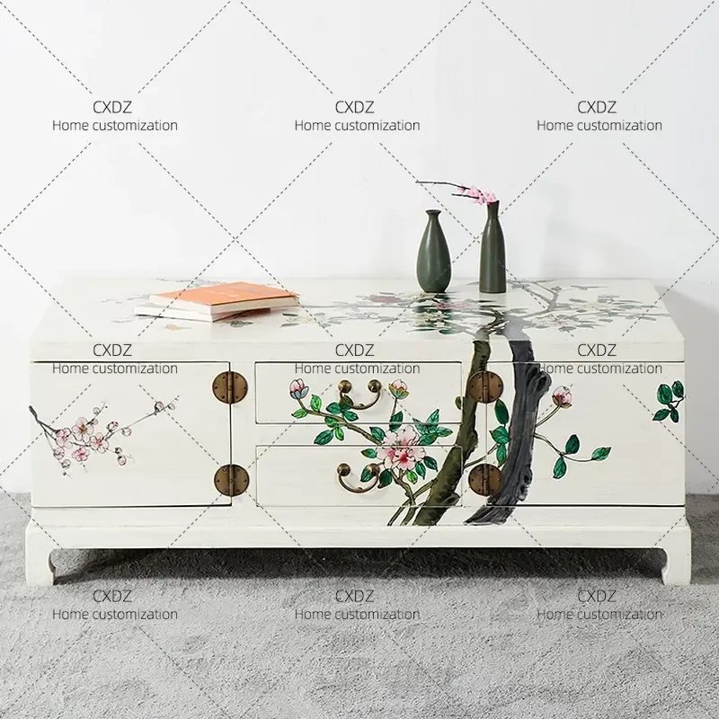 White Retro Coffee Table Chinese Antique Style Hand Painted Tea Table Simple Design Large Storage Centerpiece for Living Room