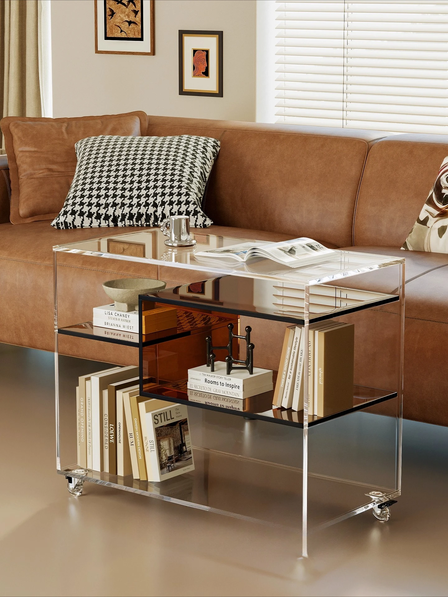 Medieval acrylic movable sofa side table, wheelbarrow coffee table small apartment living room mobile dining car
