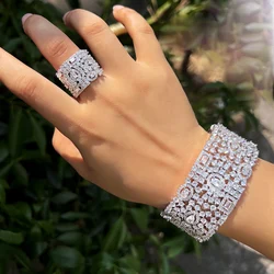 CWWZircons Luxury Chunky Cubic Zirconia Inlay Wide Big Open Cuff Bangle and Ring Dubai Wedding Bridal Party Jewelry Sets T749