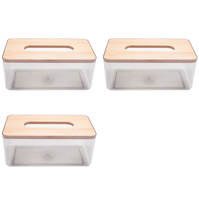 

3X Minimalist Tissue Box Cover Holder, Modern Transparent Rectangular Bamboo Facial Tissues Dispenser For Bathroom