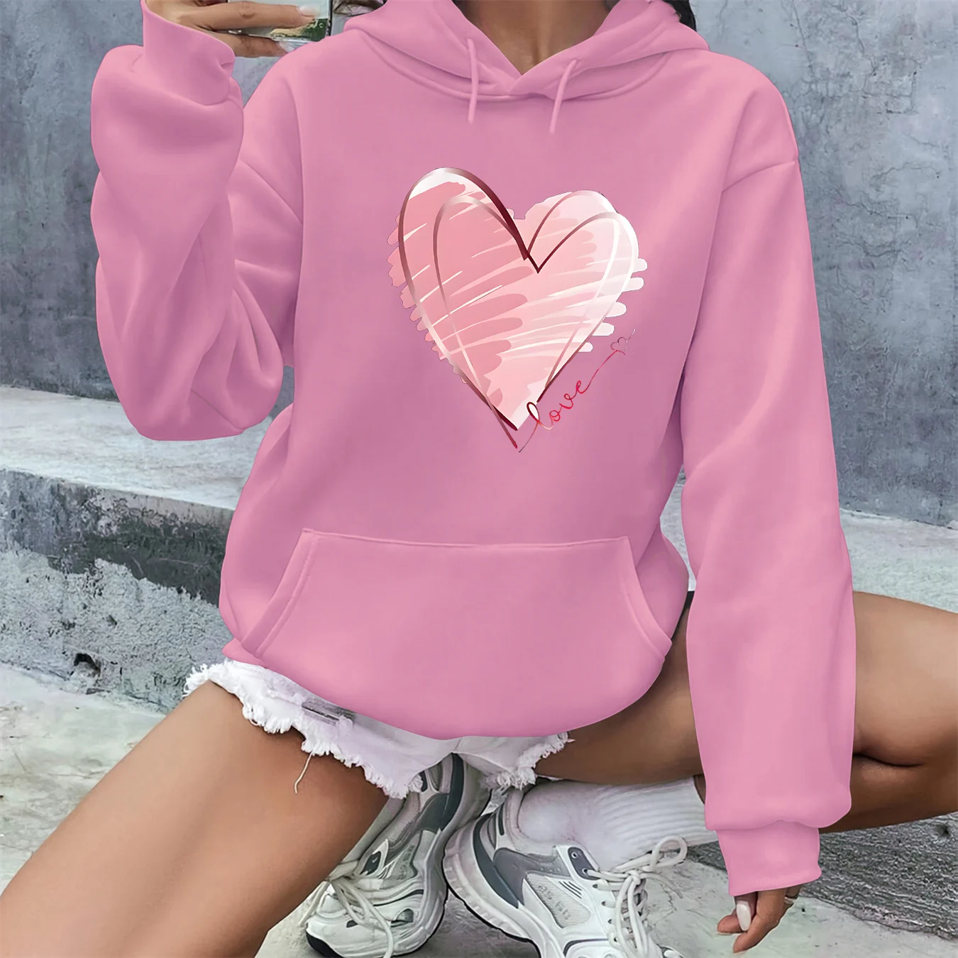 سترة نسائية للخريف والشتاء دافئة وفضفاضة كاجوال على شكل قلب مطبوعة مخملية سميكة بأكمام طويلة وغطاء للرأس #4