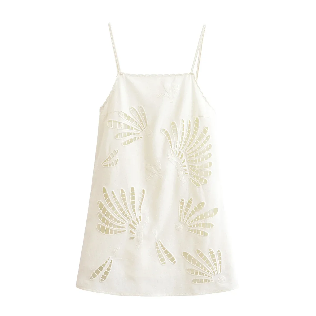 

Faionable Hollow out Embroidery Dress Summer A-Line Skirt Hook Flower Woman Mini Dress Camis Slash Neck Sleeveless Slip Dress