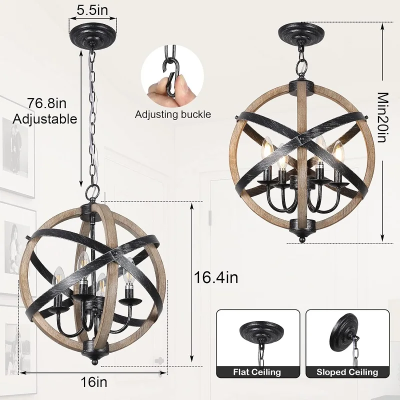 Lustre de fazenda com 4 luzes, luminárias para sala de jantar, altura ajustável, madeira rústica, suspensão de teto