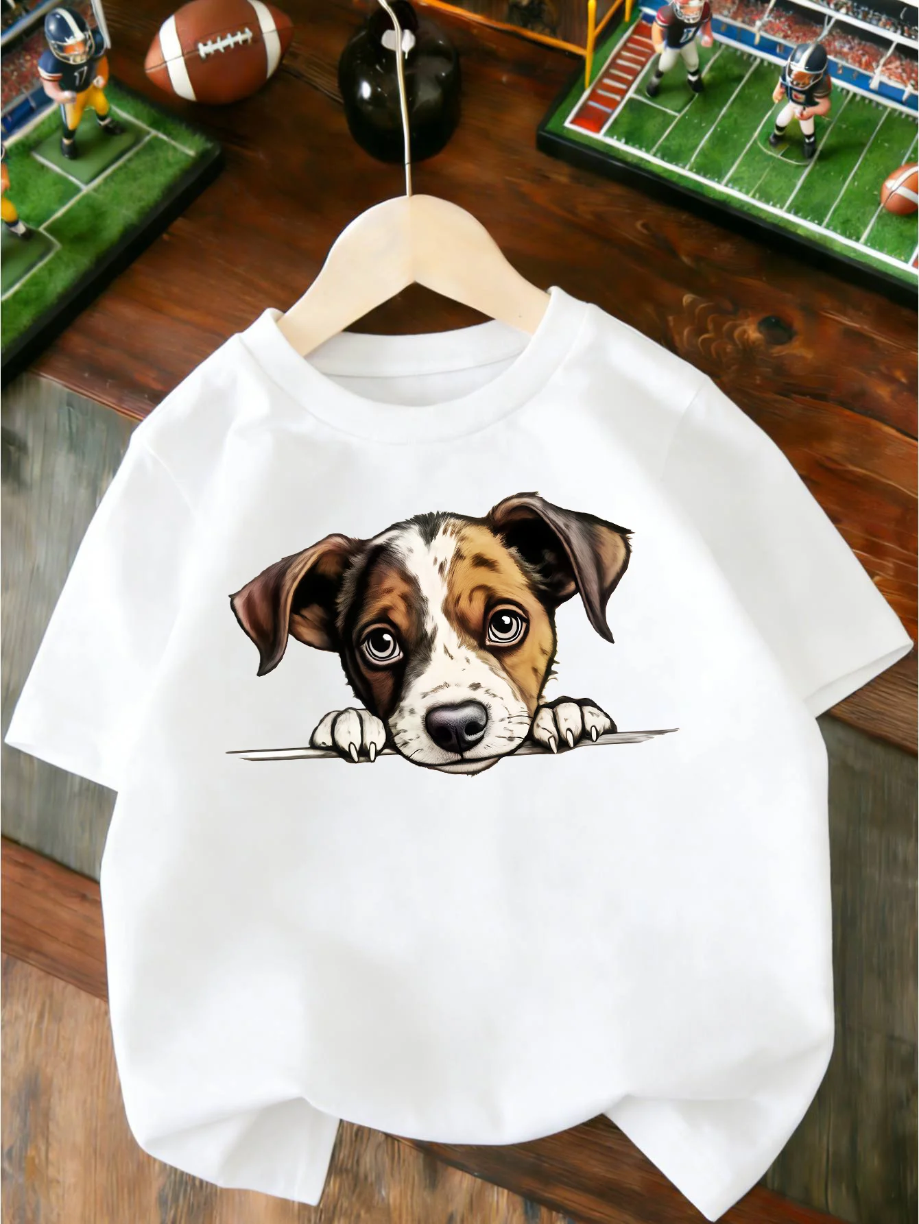 Adorable Big Eyes Puppy Hanging Over Line Graphic T Shirt Boys Girls Casual Short Sleeve Tee Family Matching Kids Cotton Tops