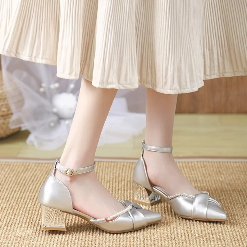 French Romantic Pearl Mary Jane Block Heel Pumps, Pointed Toe Ankle Strap Sandals, Versatile Daily & Office Footwear