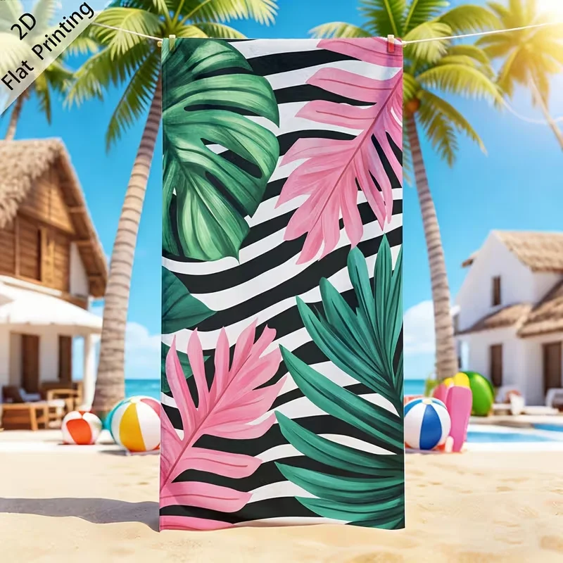 Black White Stripe Pink Green Tropical Palm Leaf Beach Towel Sand Free Towel Contrast Monstera Foliage Print Summer Blanket