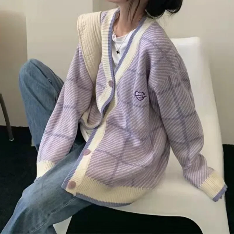 Chic Purple Plaid Oversized Cardigan Women Autumn Winter  Single-breasted Sweater Female Long-sleeve Warm Knitwear