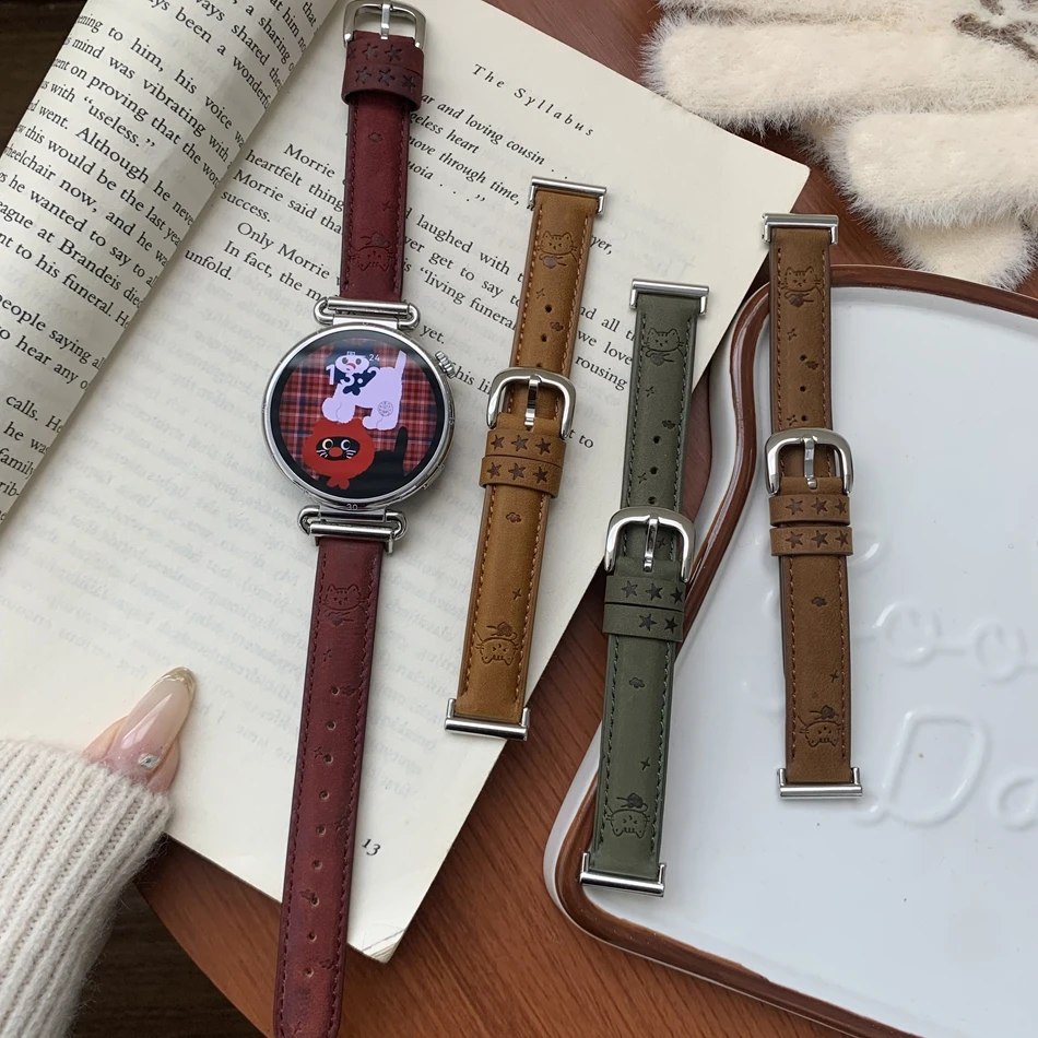 18/20/22MM Watch Band For Samsung Galaxy Watch 8/7/4 6 Classic 5 Pro Cute Love Cat Pattern Leather Strap For Amazfit Bip/GTS GT2