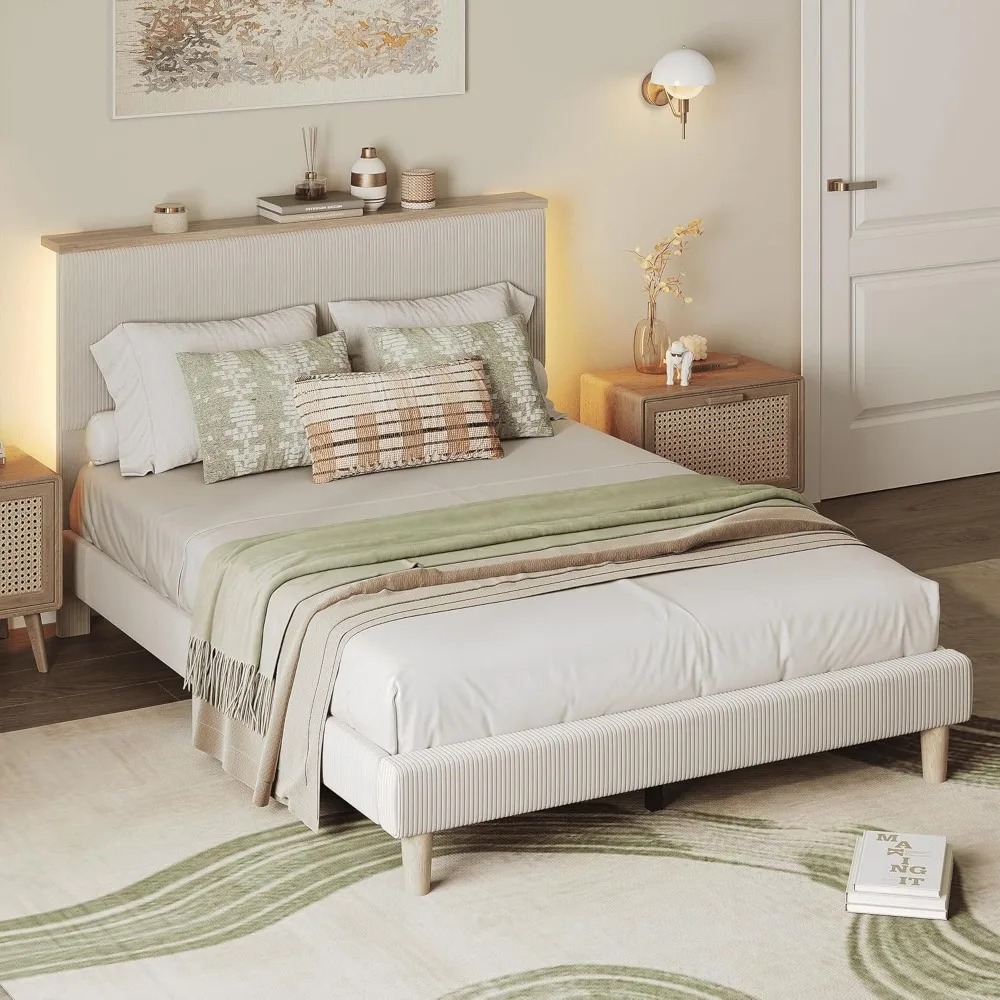 سرير سروال قصير فاخر مع لوح رأسي قابل للتعديل وإضاءة LED ورف تخزين #3