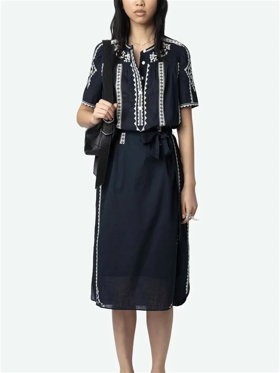 

2025 New Women 100% Cotton Midi Dress Retro Embroidery Round Neck Short Sleeve Single Breasted Casual Female Robe