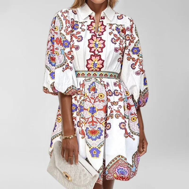 레트로 패턴 프린팅 숏 드레스 2025 여성 패션 랜턴 슬리브 라펠 하이 웨이스트 셔츠 드레스 보헤미안 미니 플리츠 드레스