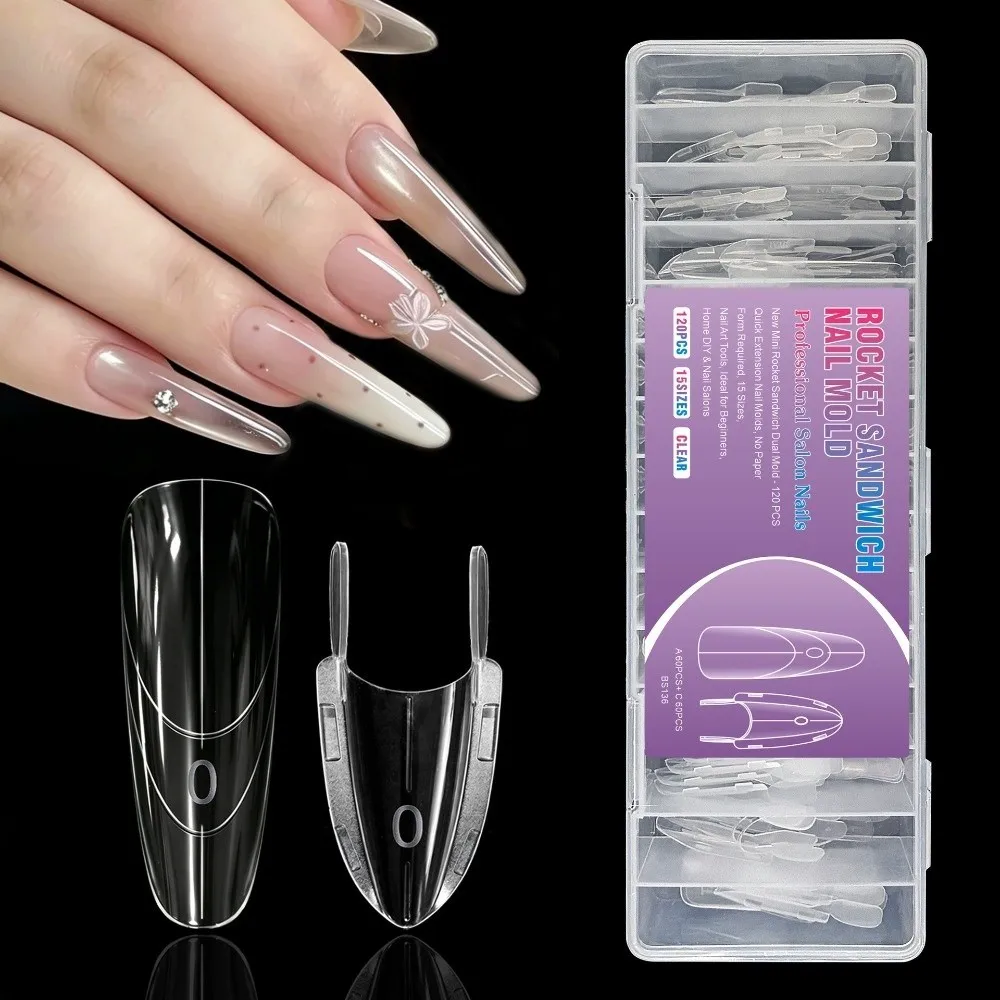 120pcs Rocket Shape Sandwich Dual Nail Form Clear DIY Nail Art Nail Form Mold Full Cover Reusable Manicure Tools